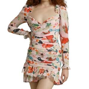 NWT Sau Lee Christy Floral Print Ruched Ruffle Mini Dress Pink Multi Size 2